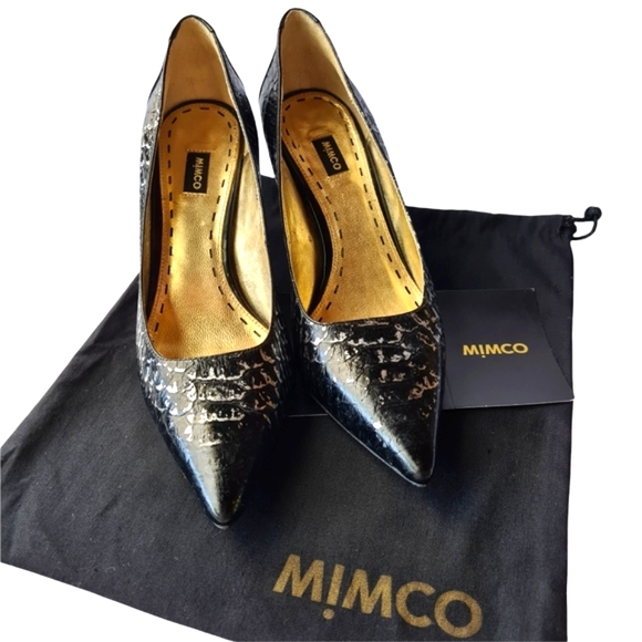 MIMCO Size 37 Leather Black Pointed Toe Silver Embossed Pumps Heels - Picture 3 of 13